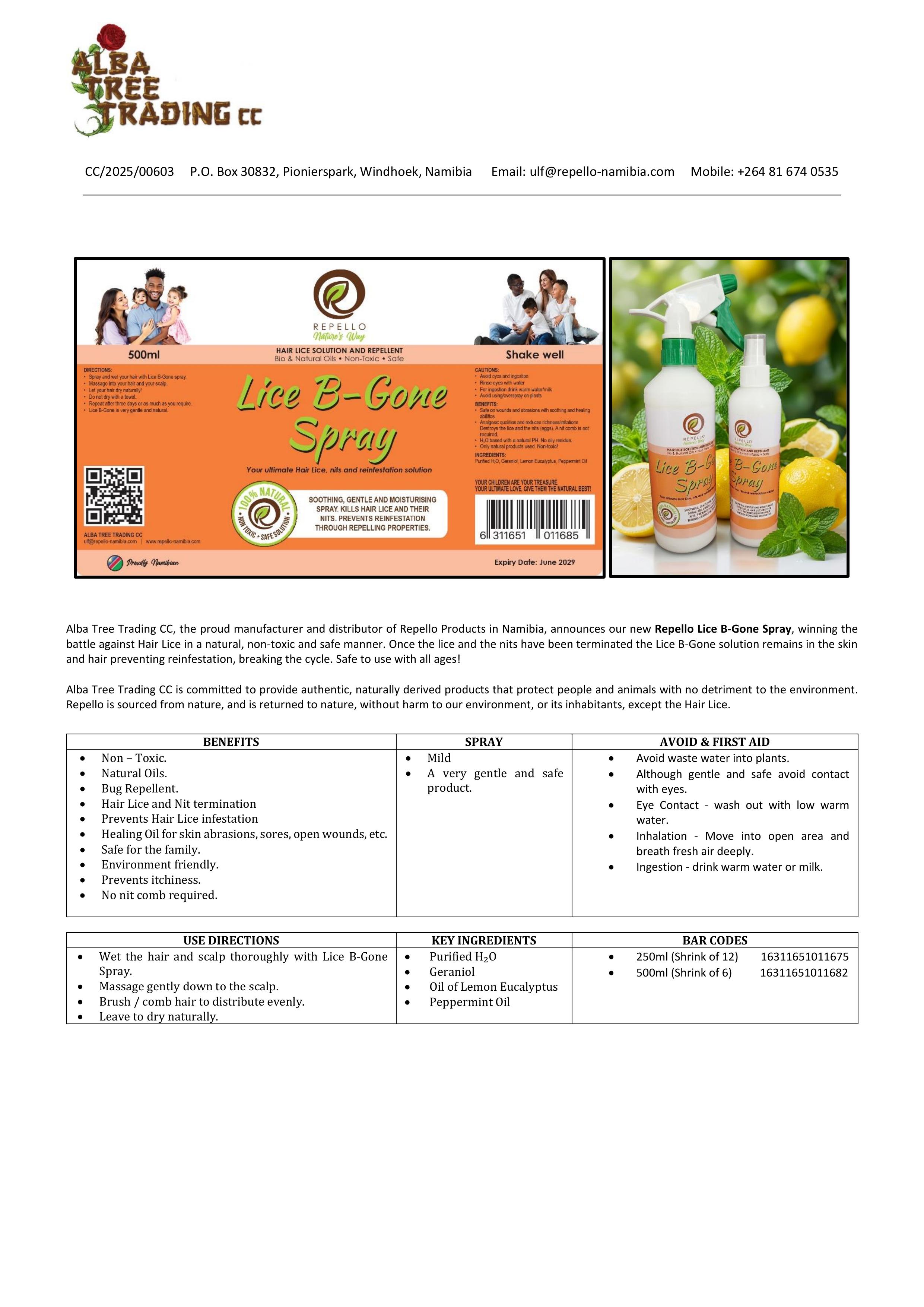 Lice B-Gone Spray data sheet