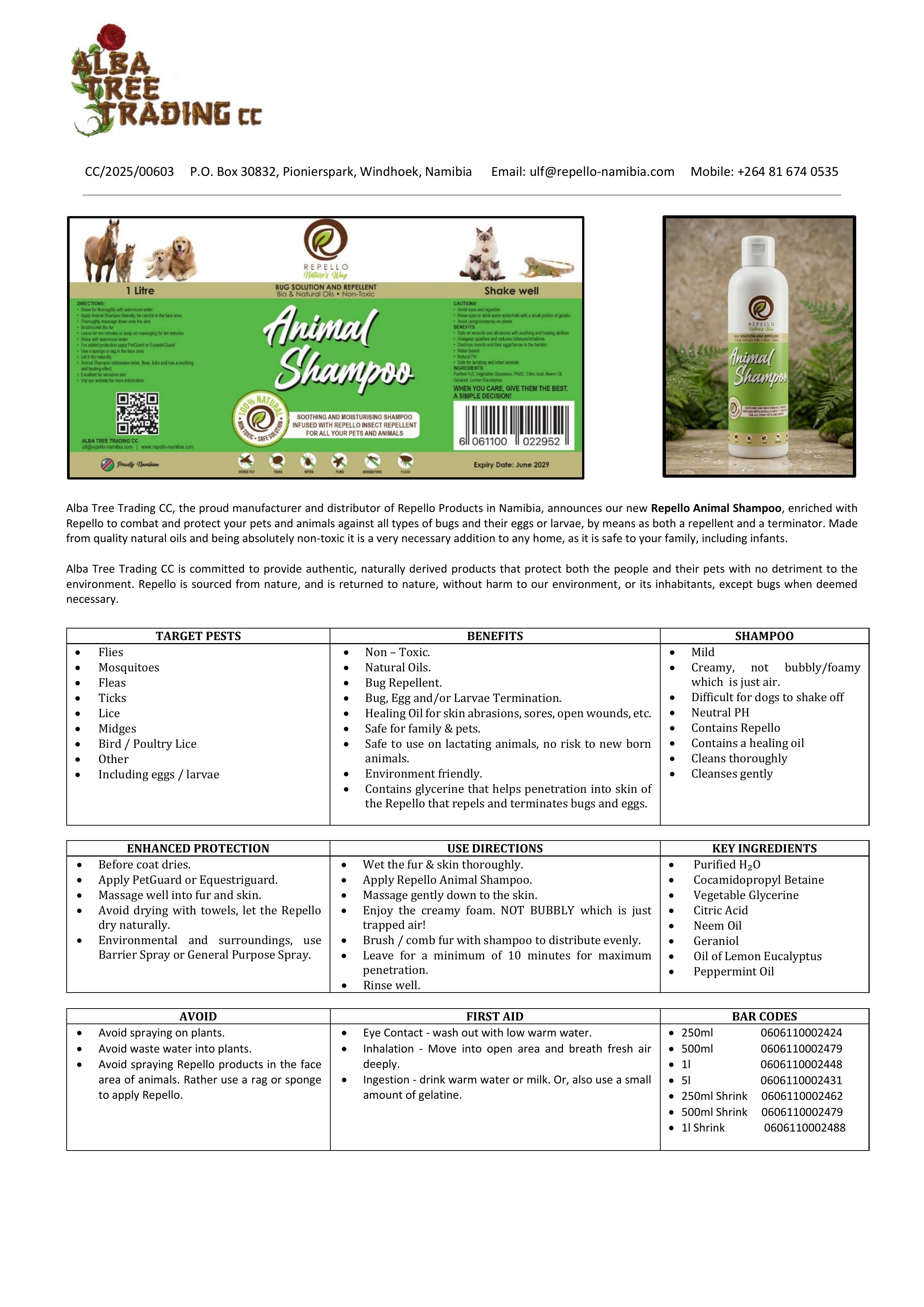 Animal Shampoo data sheet