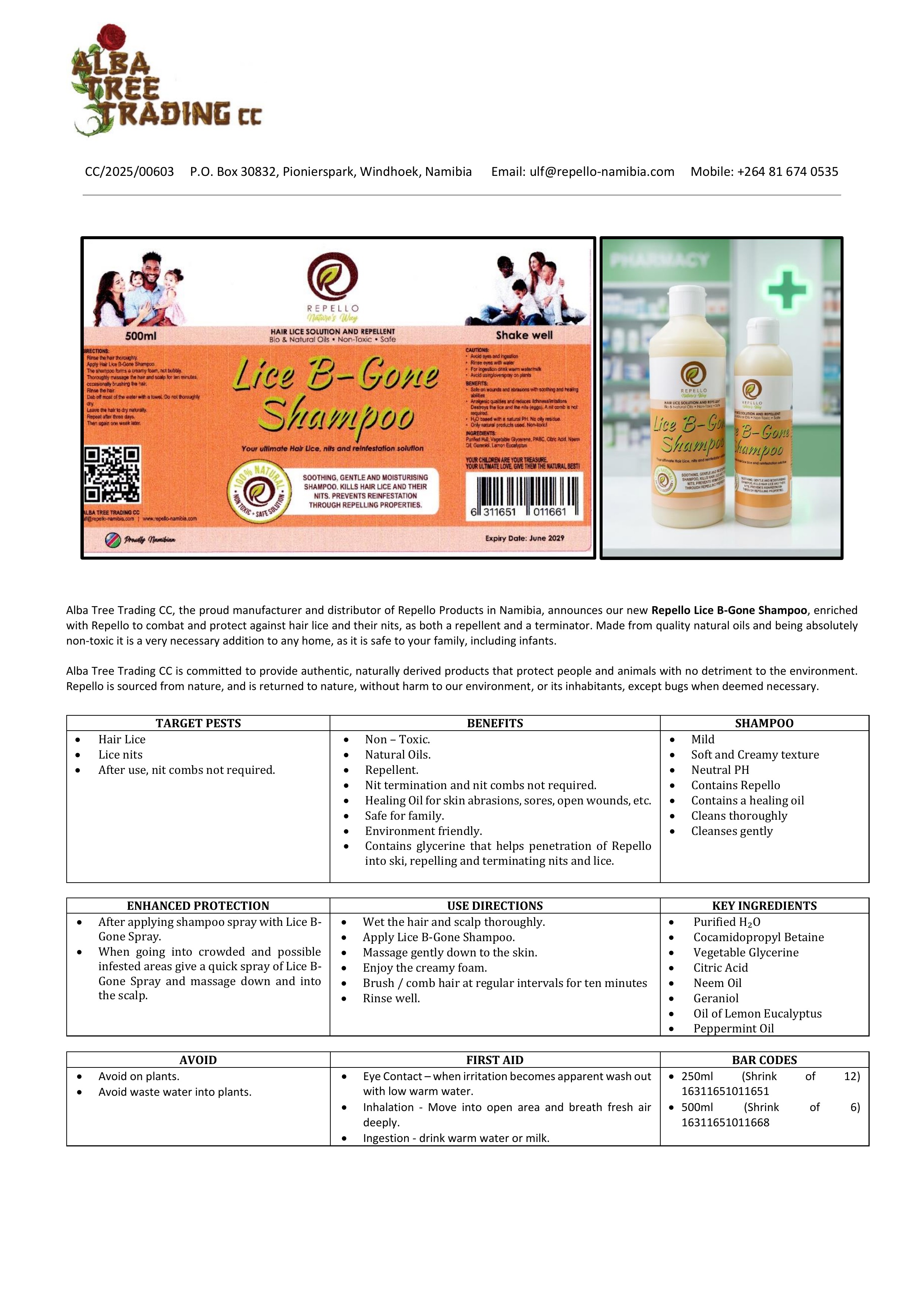Lice B-Gone Shampoo data sheet